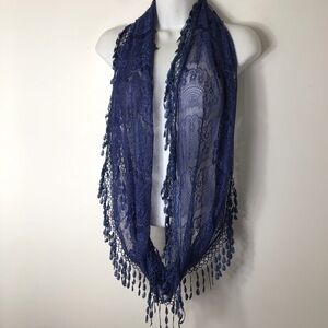 Sheer Lace Infinity Scarf with Beaded Fringe - Navy Blue